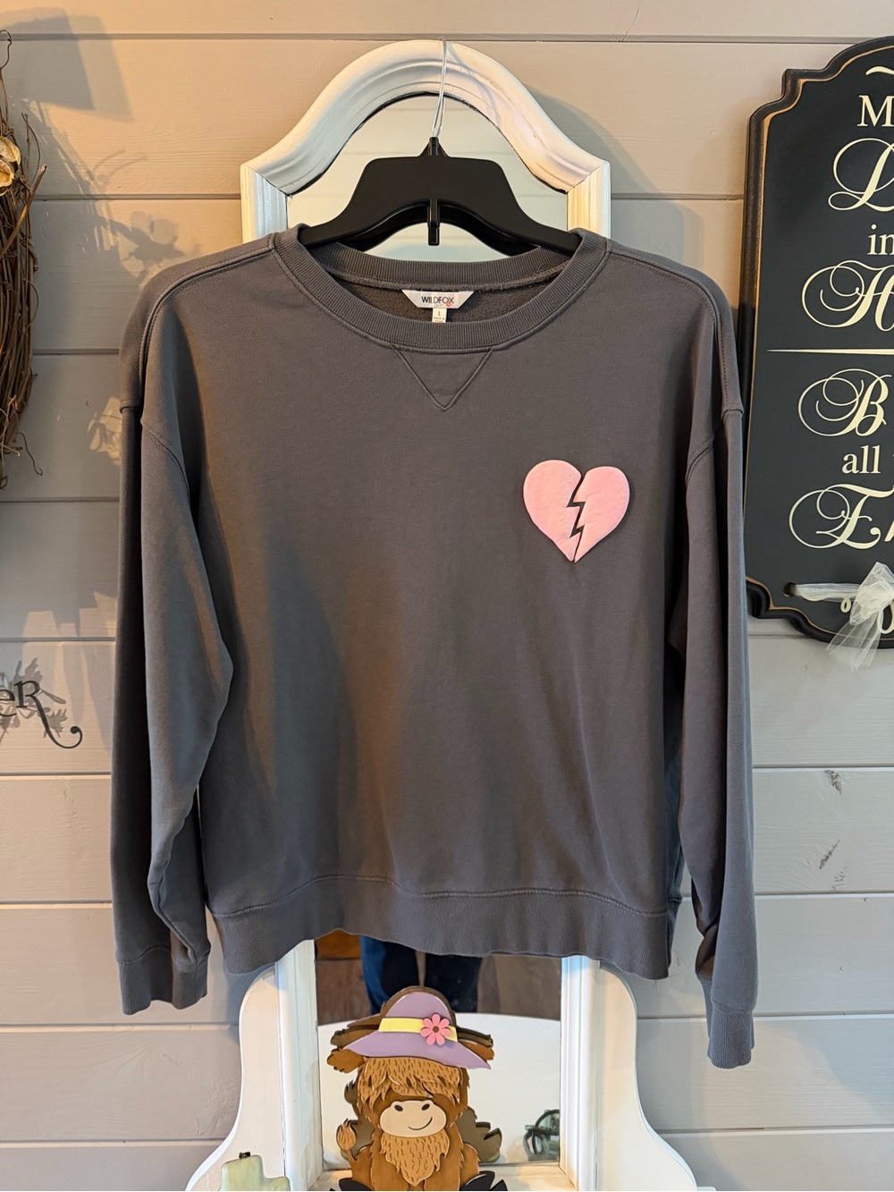 Wildfox Charcoal Crewneck Sweatshirt with Pink Broken Heart Patch